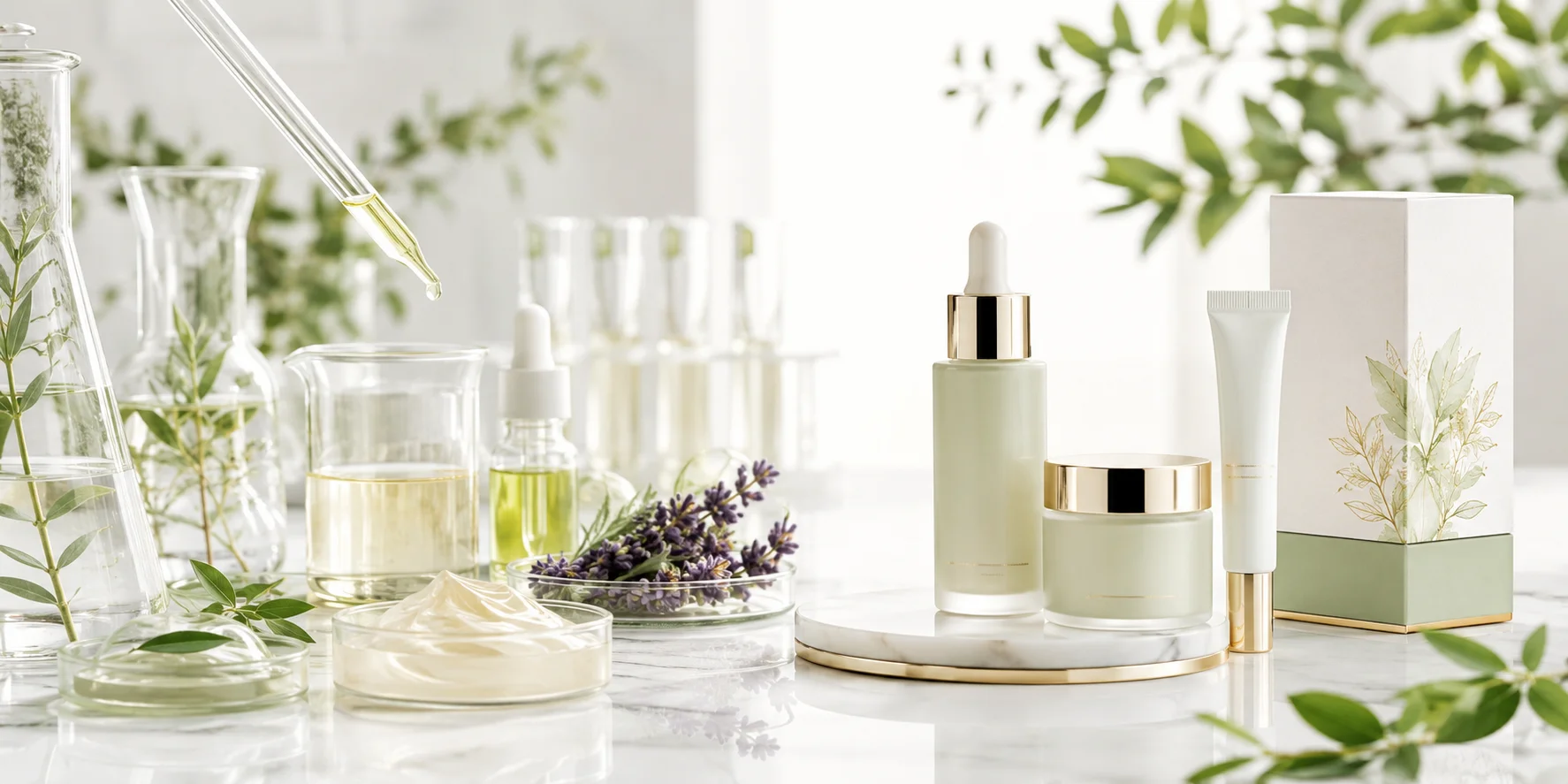 A collection of natural skincare products including creams, serums, and oils placed on a lab table with botanical greenery and lavender. Glass beakers and droppers are also visible.